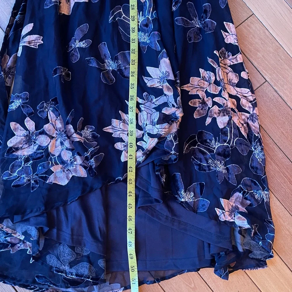 Lulus Navy Floral High Low Feminine Flowy Midi Dress Velvet Detail | Small NWT